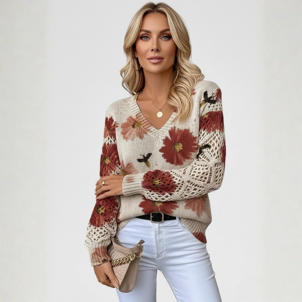 Aurélie Dames Trui | Gebreide Trui met Bloemen, V-Hals, Comfortabel