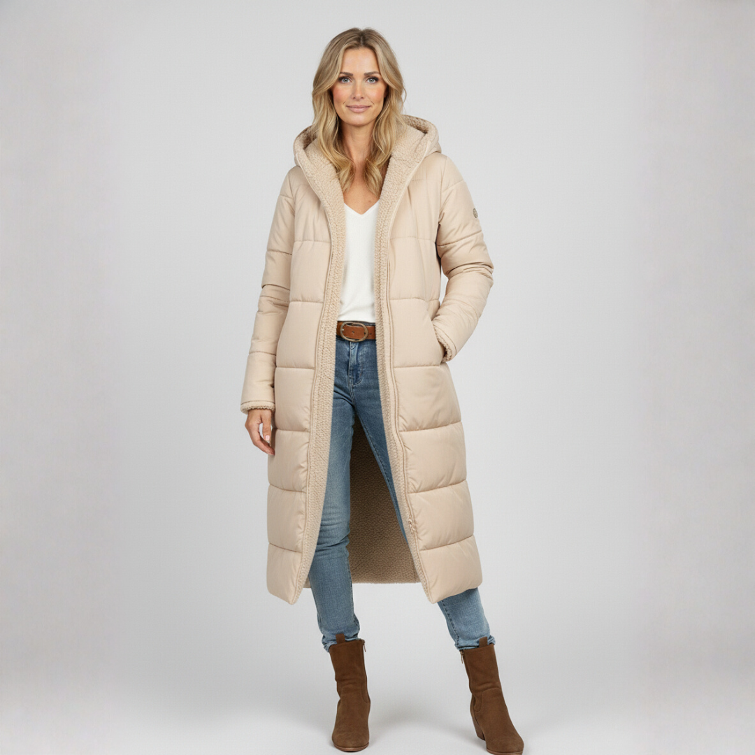 Eva Lange Winterjas | Dames Lange Gewatteerde Jas, Omkeerbaar Ontwerp, Met Capuchon