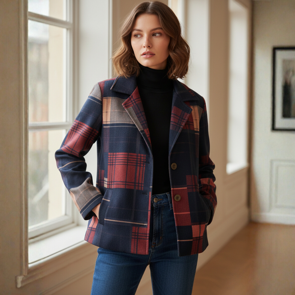 Caro Dames Jas | Wollen Overjas, Stijlvol Ruitpatroon, Comfortabele Pasvorm