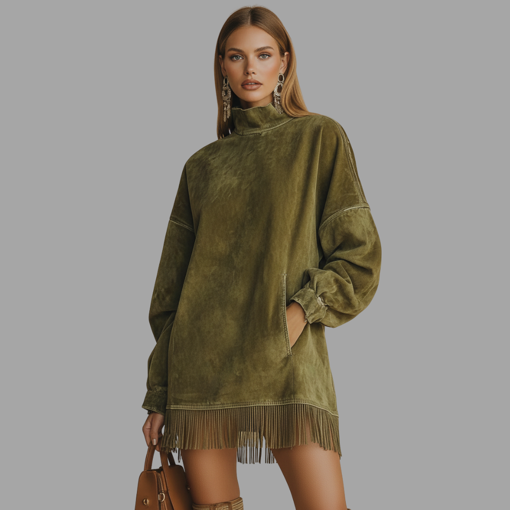 Olive Imitatiesuède Jurk | Dames Jurk, Zachte Textuur, Speelse Franjes