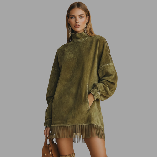 Olive Imitatiesuède Jurk | Dames Jurk, Zachte Textuur, Speelse Franjes