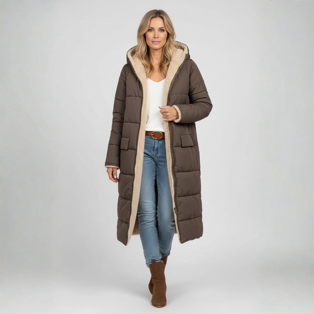 Eva Lange Winterjas | Dames Lange Gewatteerde Jas, Omkeerbaar Ontwerp, Met Capuchon