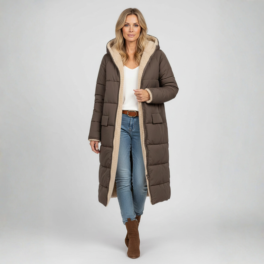 Eva Lange Winterjas | Dames Lange Gewatteerde Jas, Omkeerbaar Ontwerp, Met Capuchon