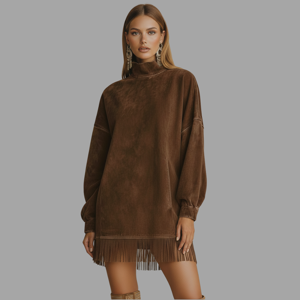 Olive Imitatiesuède Jurk | Dames Jurk, Zachte Textuur, Speelse Franjes