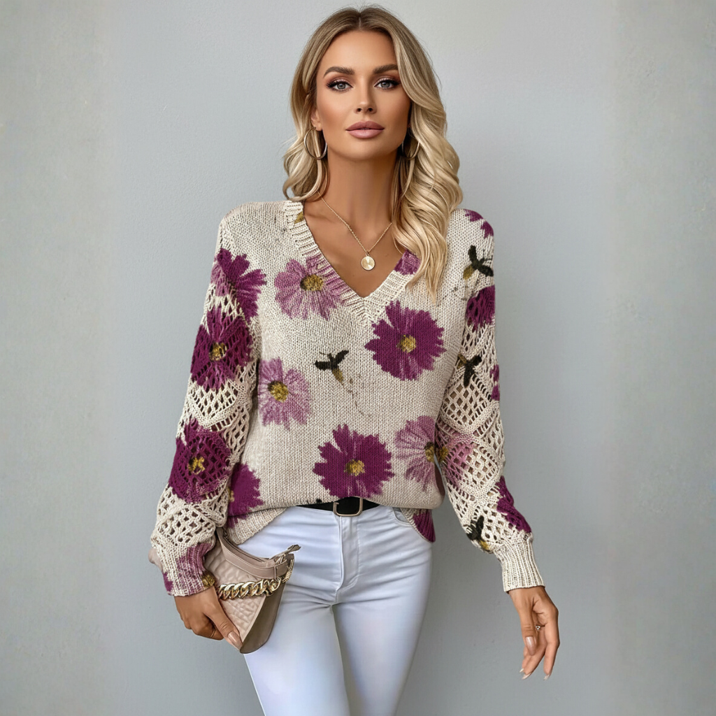 Aurélie Dames Trui | Gebreide Trui met Bloemen, V-Hals, Comfortabel
