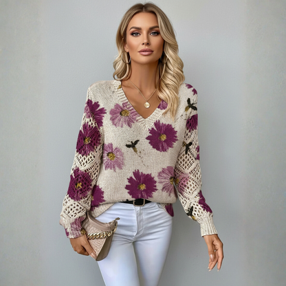 Aurélie Dames Trui | Gebreide Trui met Bloemen, V-Hals, Comfortabel