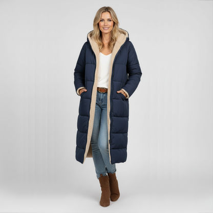 Eva Lange Winterjas | Dames Lange Gewatteerde Jas, Omkeerbaar Ontwerp, Met Capuchon