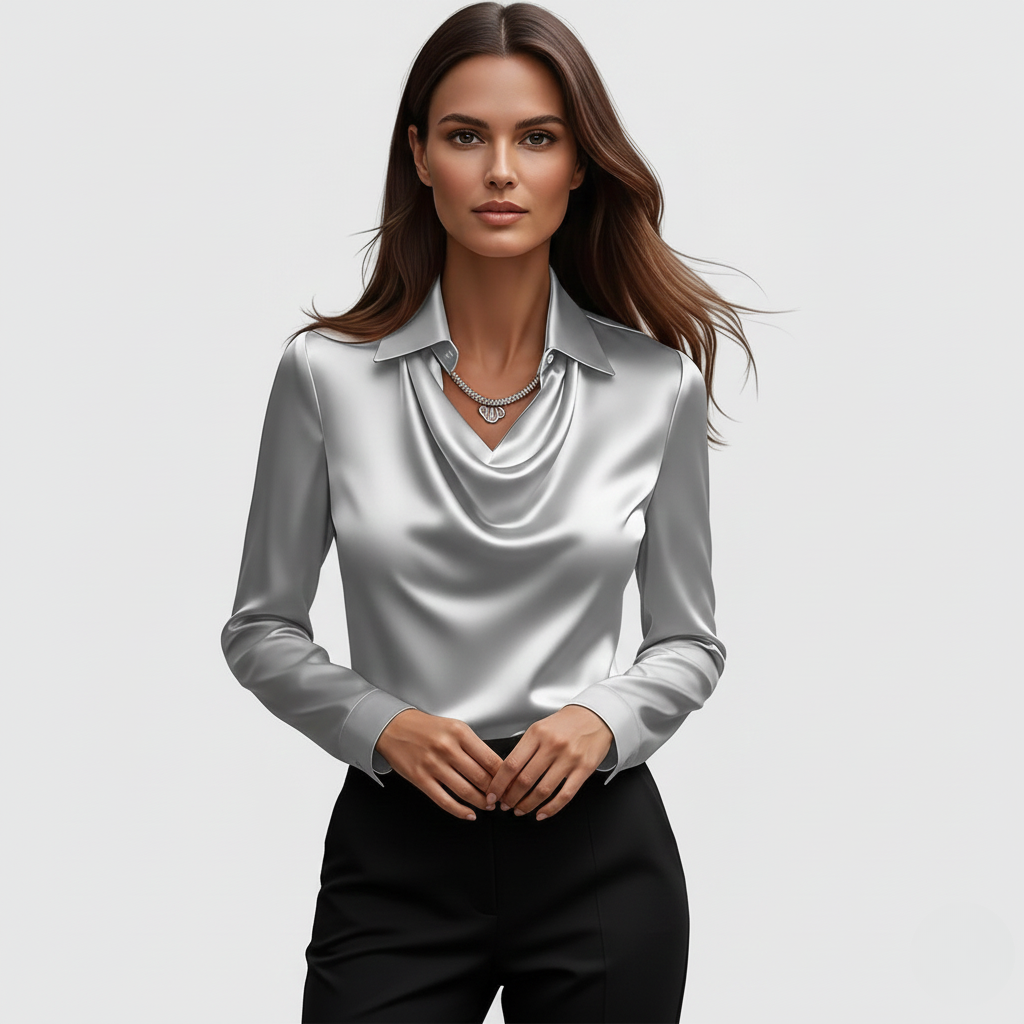Bree Elegant Shirt | Dames Blouse, Lucide Satijn, Verfijnde Cascade-Halslijn