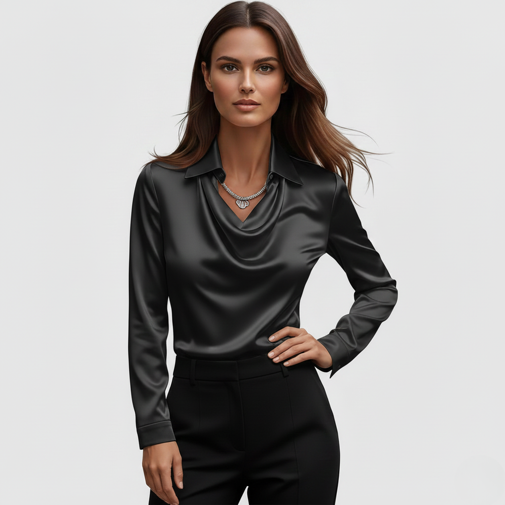 Bree Elegant Shirt | Dames Blouse, Lucide Satijn, Verfijnde Cascade-Halslijn