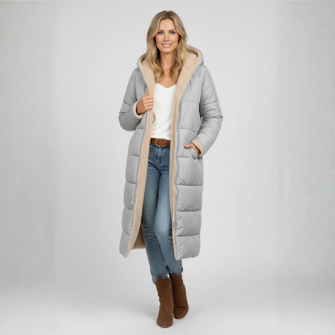 Eva Lange Winterjas | Dames Lange Gewatteerde Jas, Omkeerbaar Ontwerp, Met Capuchon