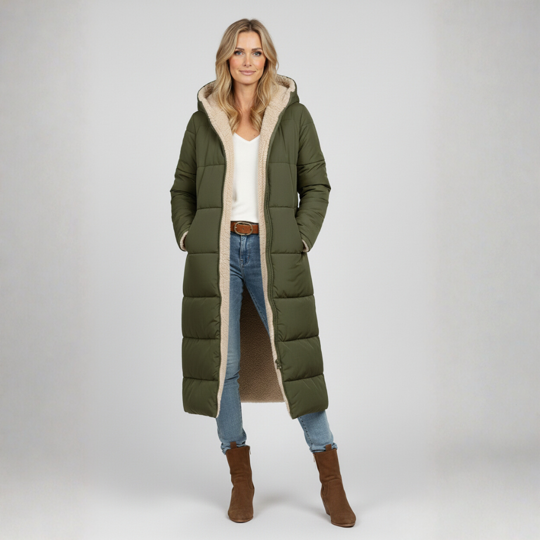 Eva Lange Winterjas | Dames Lange Gewatteerde Jas, Omkeerbaar Ontwerp, Met Capuchon