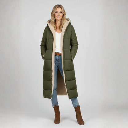 Eva Lange Winterjas | Dames Lange Gewatteerde Jas, Omkeerbaar Ontwerp, Met Capuchon