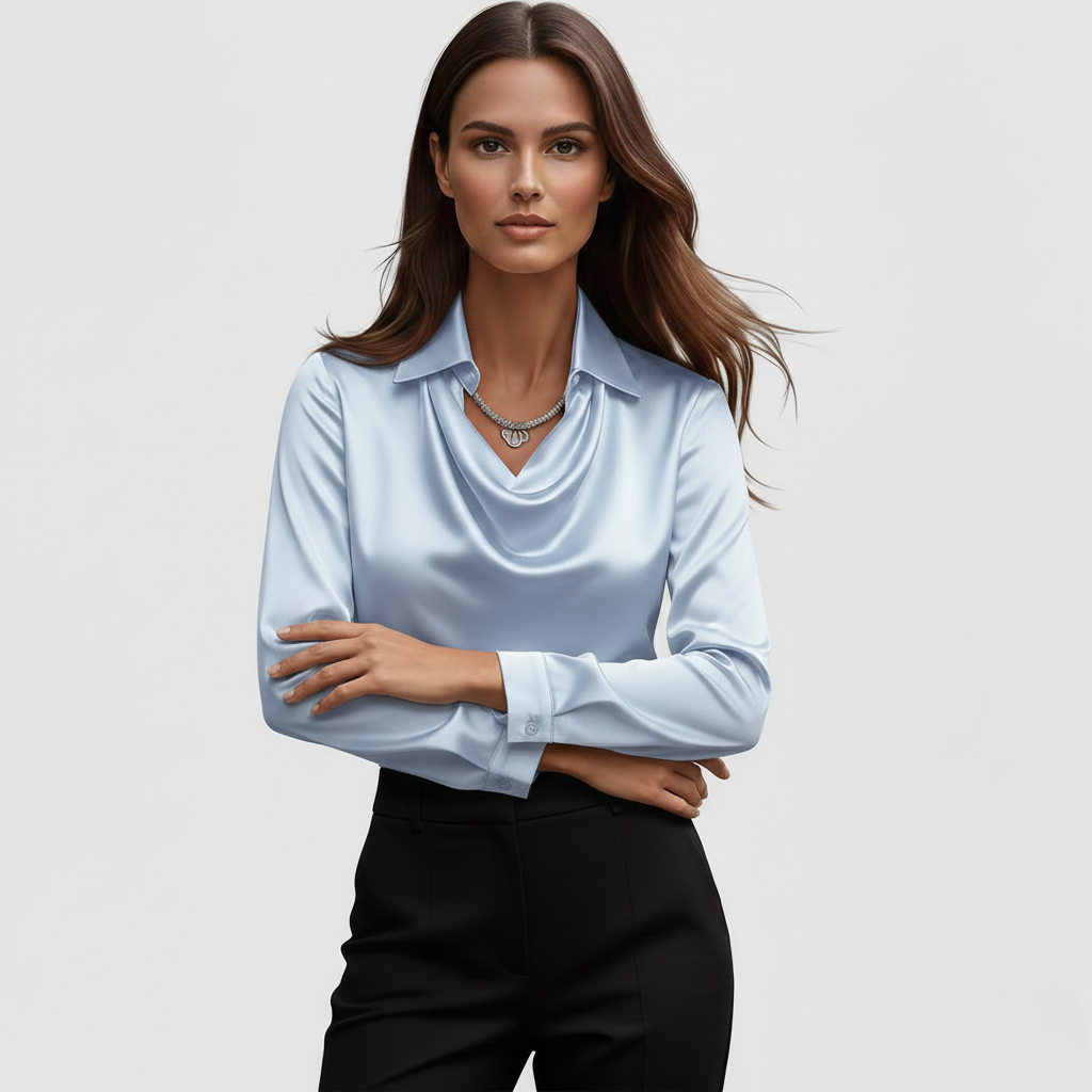 Bree Elegant Shirt | Dames Blouse, Lucide Satijn, Verfijnde Cascade-Halslijn