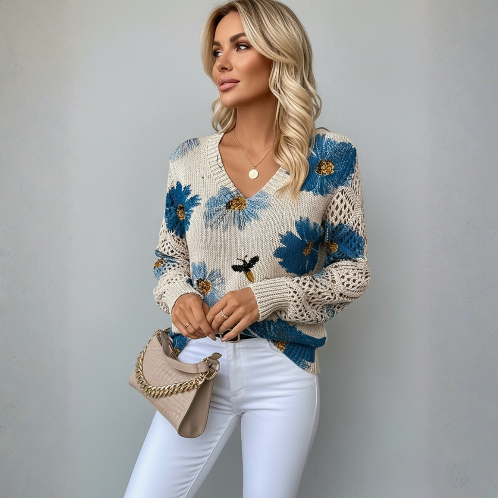 Aurélie Dames Trui | Gebreide Trui met Bloemen, V-Hals, Comfortabel