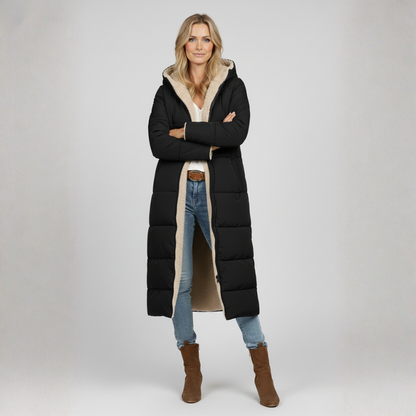 Eva Lange Winterjas | Dames Lange Gewatteerde Jas, Omkeerbaar Ontwerp, Met Capuchon