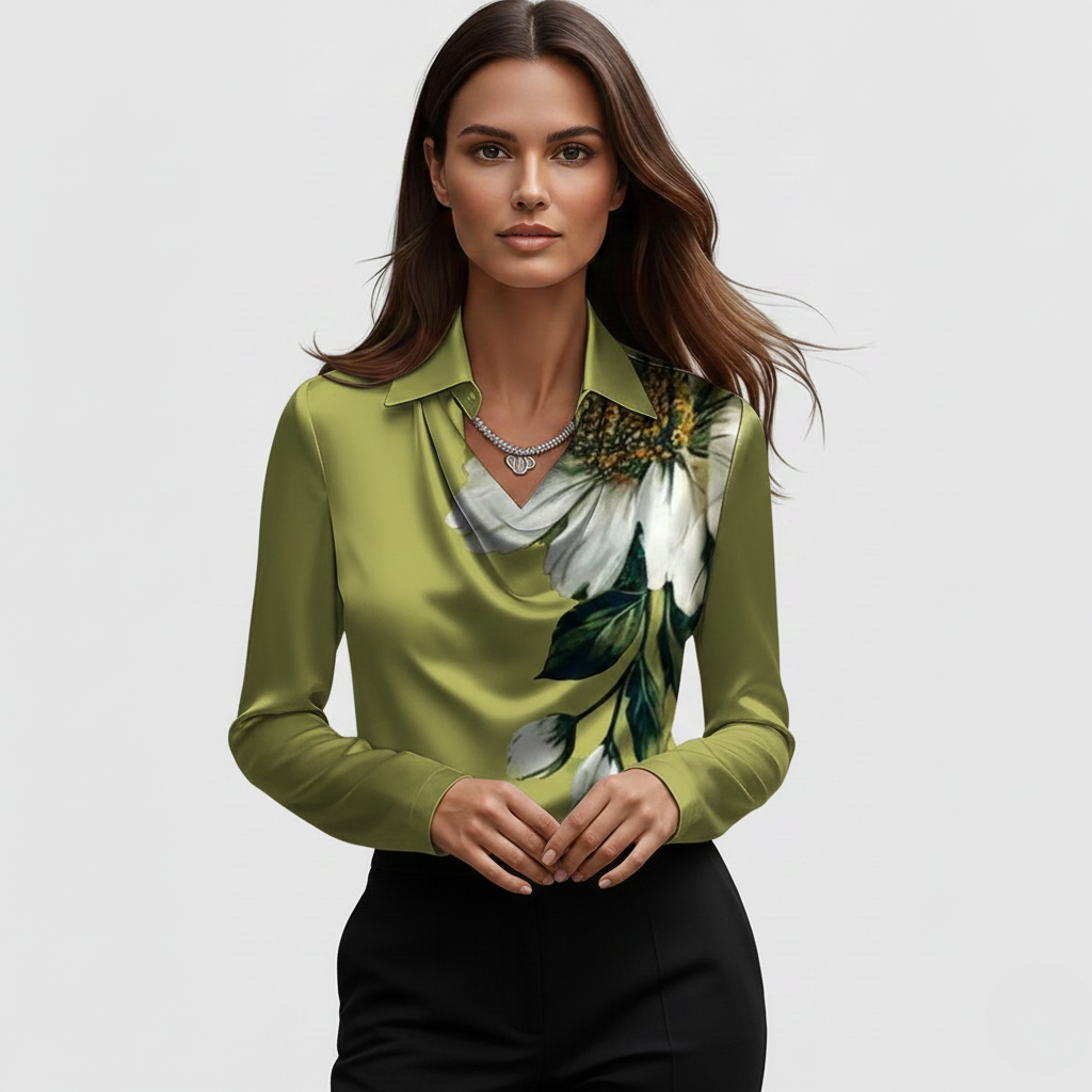 Bree Elegant Shirt | Dames Blouse, Lucide Satijn, Verfijnde Cascade-Halslijn